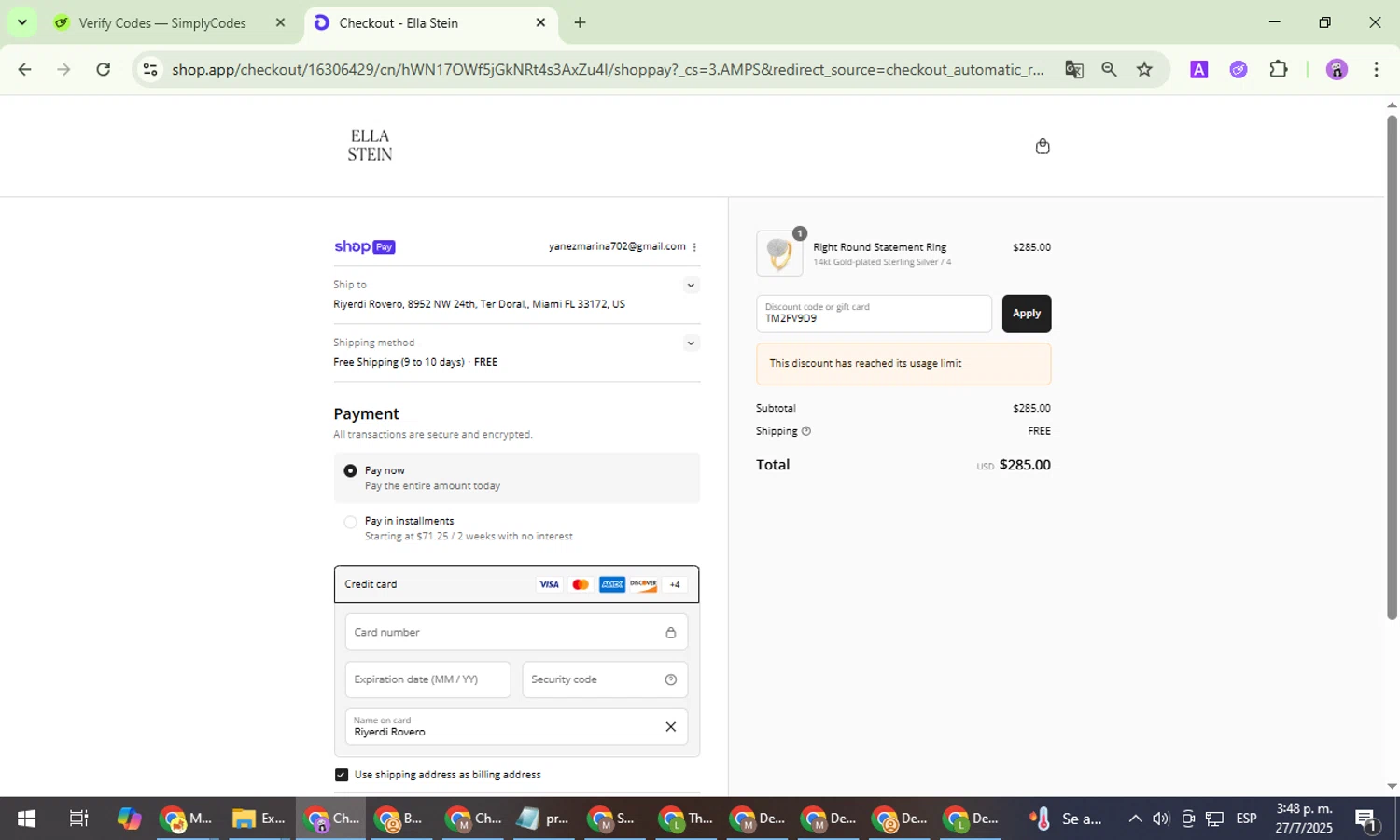EllaStein promo code screenshot showing code TM2FV9D9 applied at EllaStein checkout page. Uploaded by SimplyCodes community member PrimeWizard5860 on Jul 27, 2025