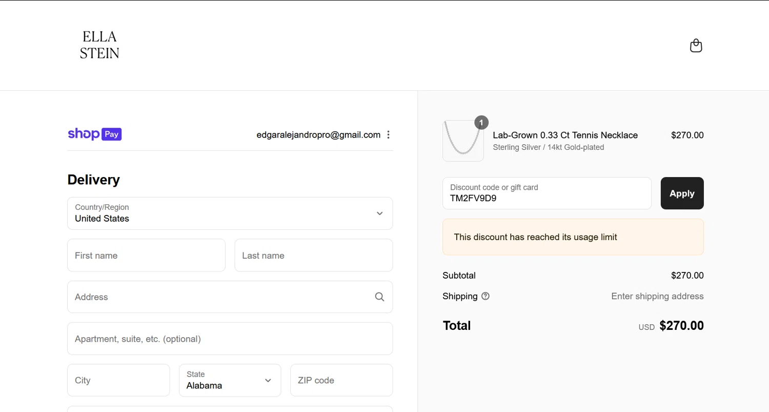 EllaStein promo code screenshot showing code TM2FV9D9 applied at EllaStein checkout page. Uploaded by SimplyCodes community member ValiantLion5897 on Jul 27, 2025