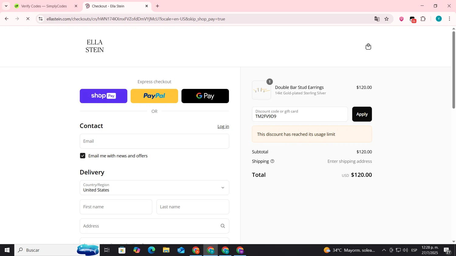 EllaStein promo code screenshot showing code TM2FV9D9 applied at EllaStein checkout page. Uploaded by SimplyCodes community member codygakpo on Jul 27, 2025