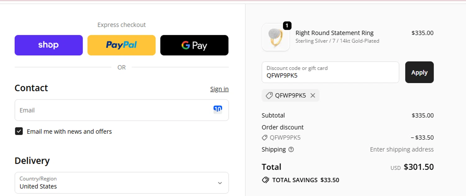 EllaStein promo code screenshot showing code QFWP9PK5 applied at EllaStein checkout page. Uploaded by SimplyCodes community member Westcoll on Nov 22, 2025