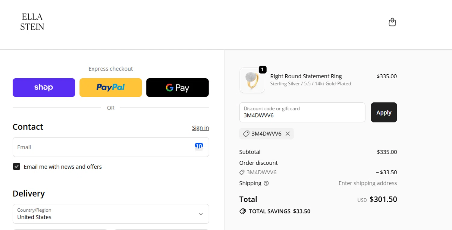 EllaStein promo code screenshot showing code 3M4DWVV6 applied at EllaStein checkout page. Uploaded by SimplyCodes community member Westcoll on Nov 23, 2025