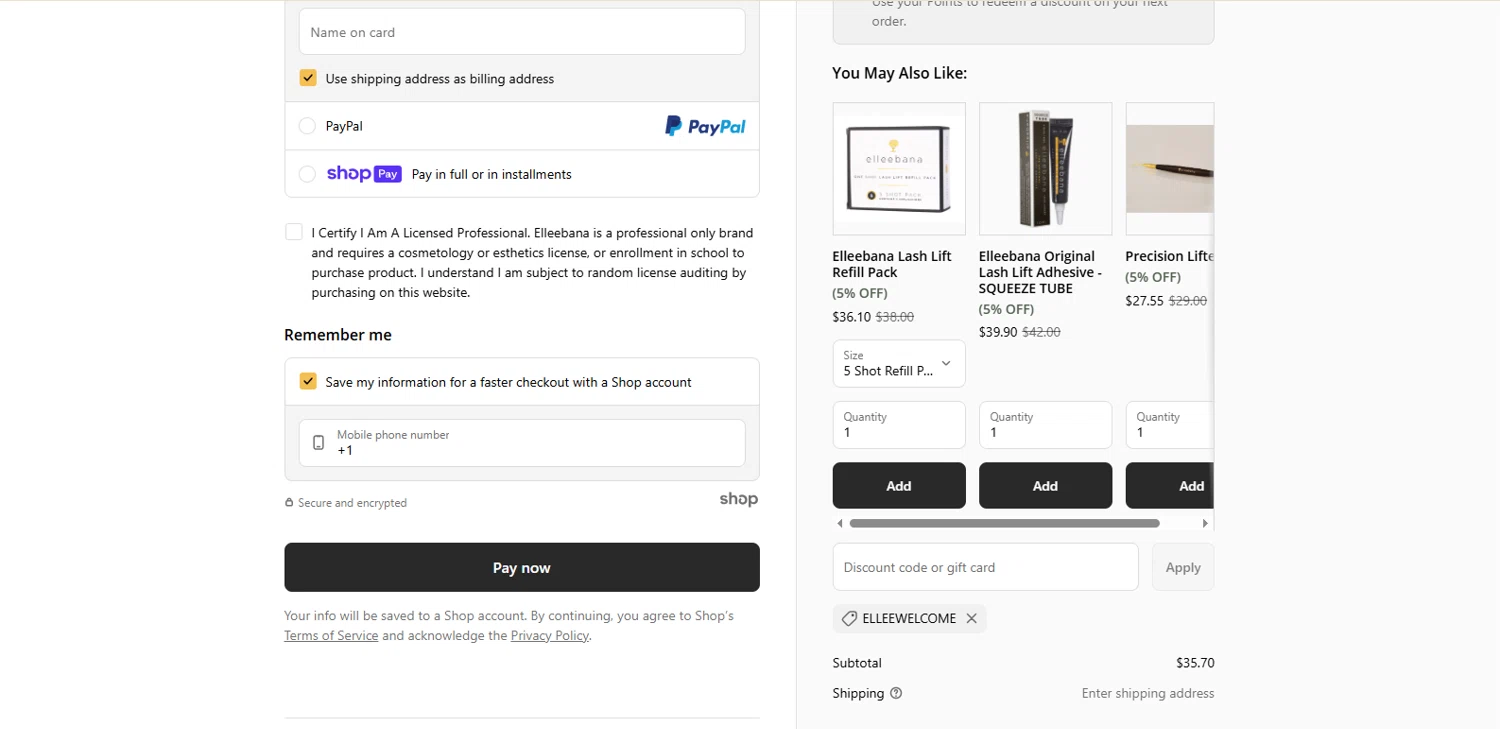 Elleebana Lashes promo code screenshot showing code ELLEEWELCOME applied at Elleebana Lashes checkout page. Uploaded by SimplyCodes community member Alydrop on Jul 3, 2025