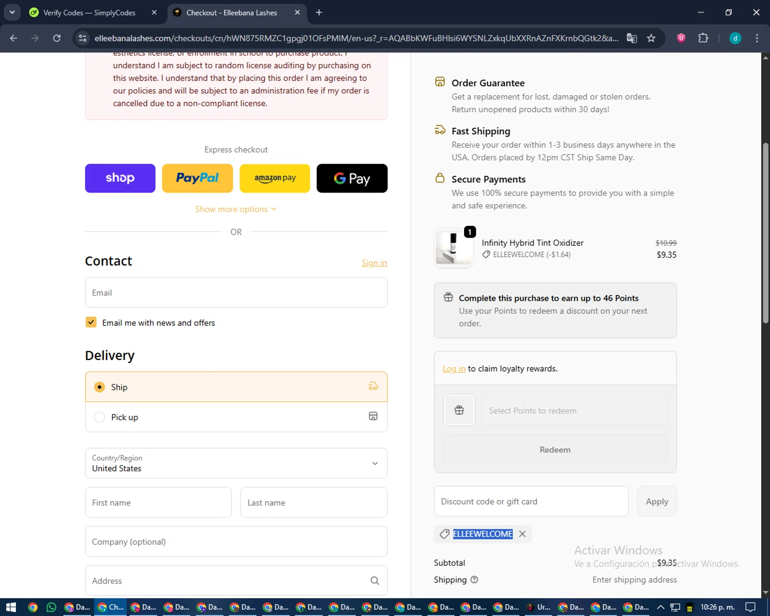 Elleebana Lashes checkout page showing Elleebana Lashes promo code box | Screenshot taken by SimplyCodes community member on Jan 28, 2026