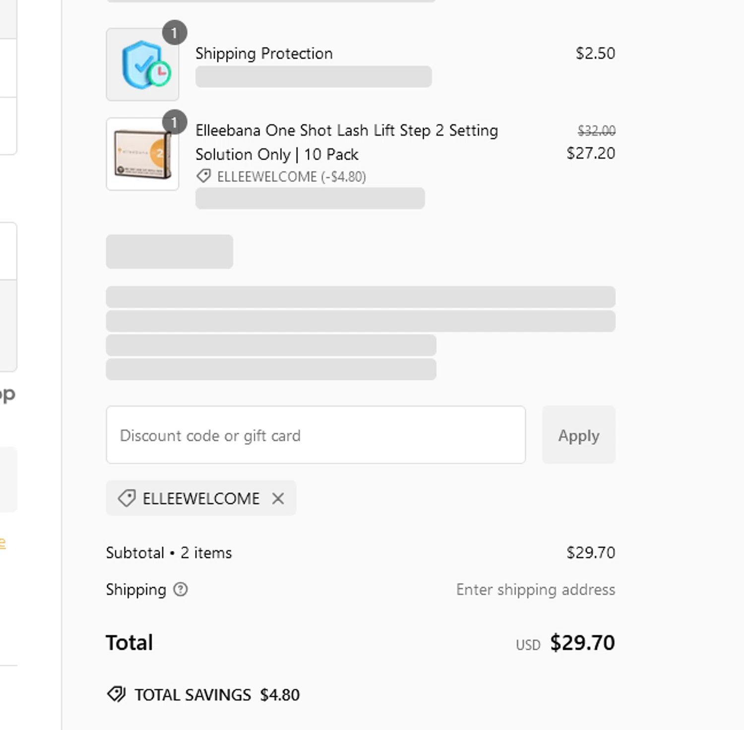 Elleebana Lashes promo code screenshot showing code ELLEEWELCOME applied at Elleebana Lashes checkout page. Uploaded by SimplyCodes community member tuvalu10 on Jan 16, 2025