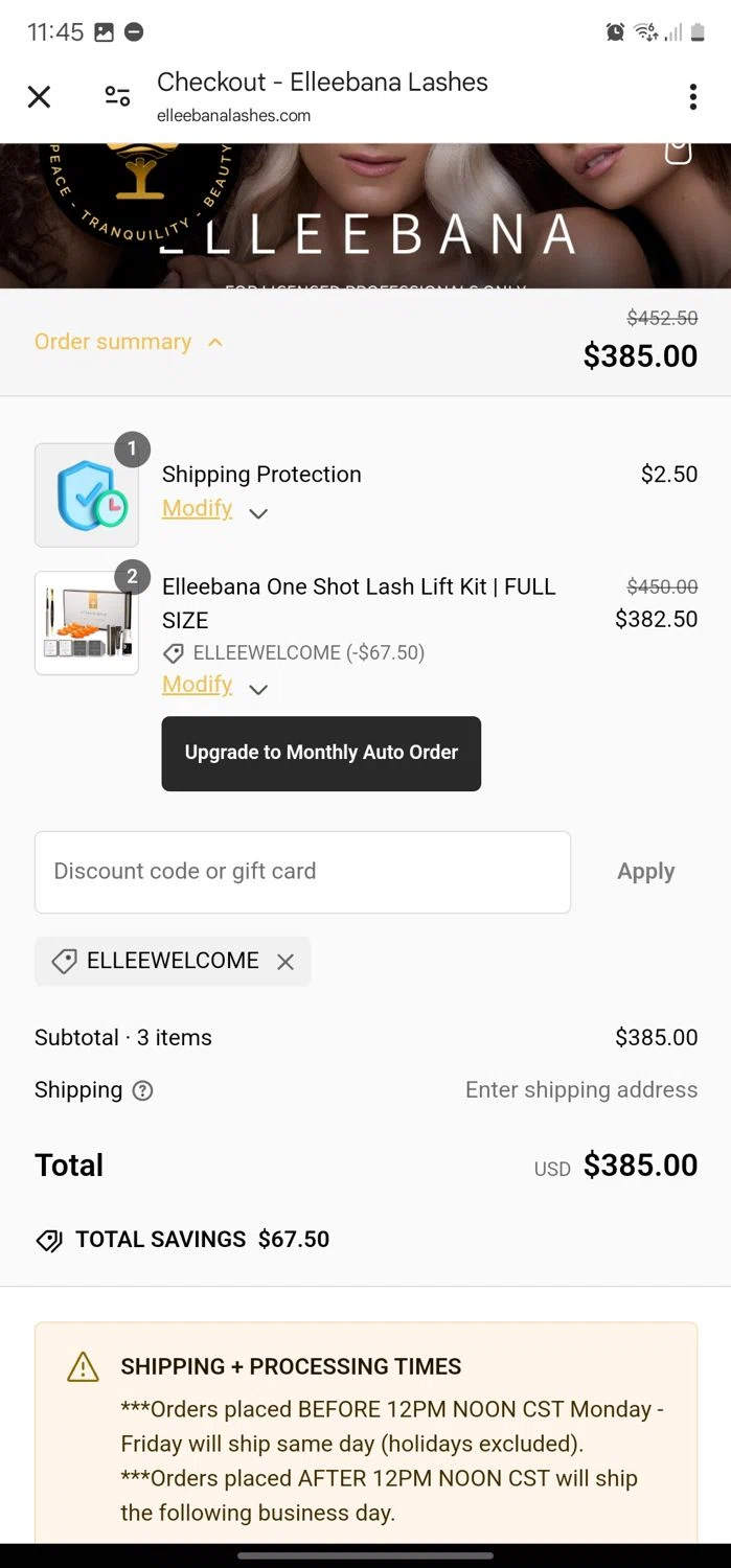 Elleebana Lashes promo code screenshot showing code ELLEEWELCOME applied at Elleebana Lashes checkout page. Uploaded by SimplyCodes community member CleverPhoenix2364 on Feb 10, 2025