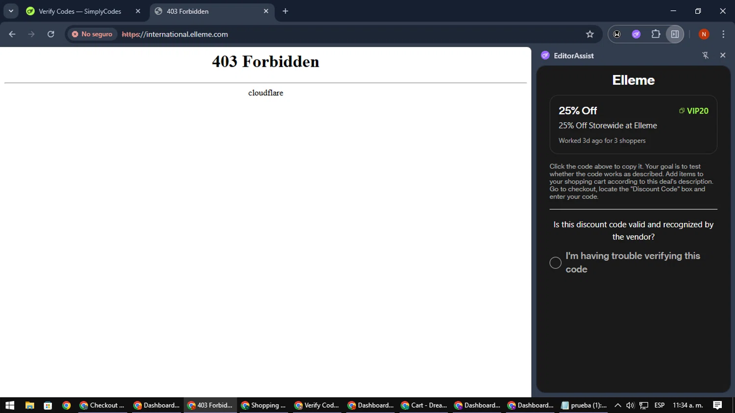 Elleme discount code screenshot showing code VIP20 applied at Elleme checkout page. Uploaded by SimplyCodes community member MagnificentScout194 on Nov 3, 2025