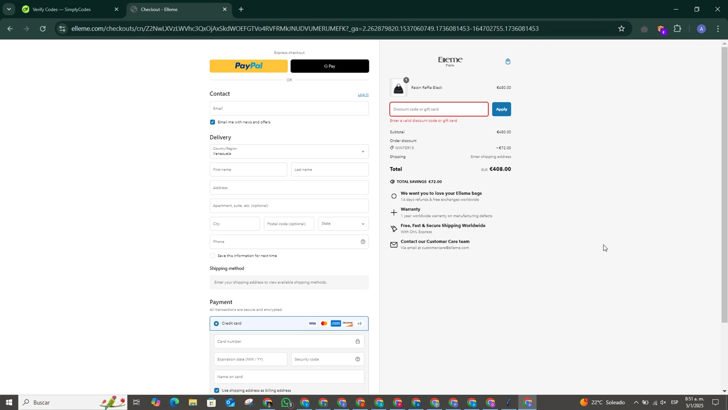 Elleme discount code screenshot showing code LOVE10 applied at Elleme checkout page. Uploaded by SimplyCodes community member GoldScout8925 on Jan 5, 2025