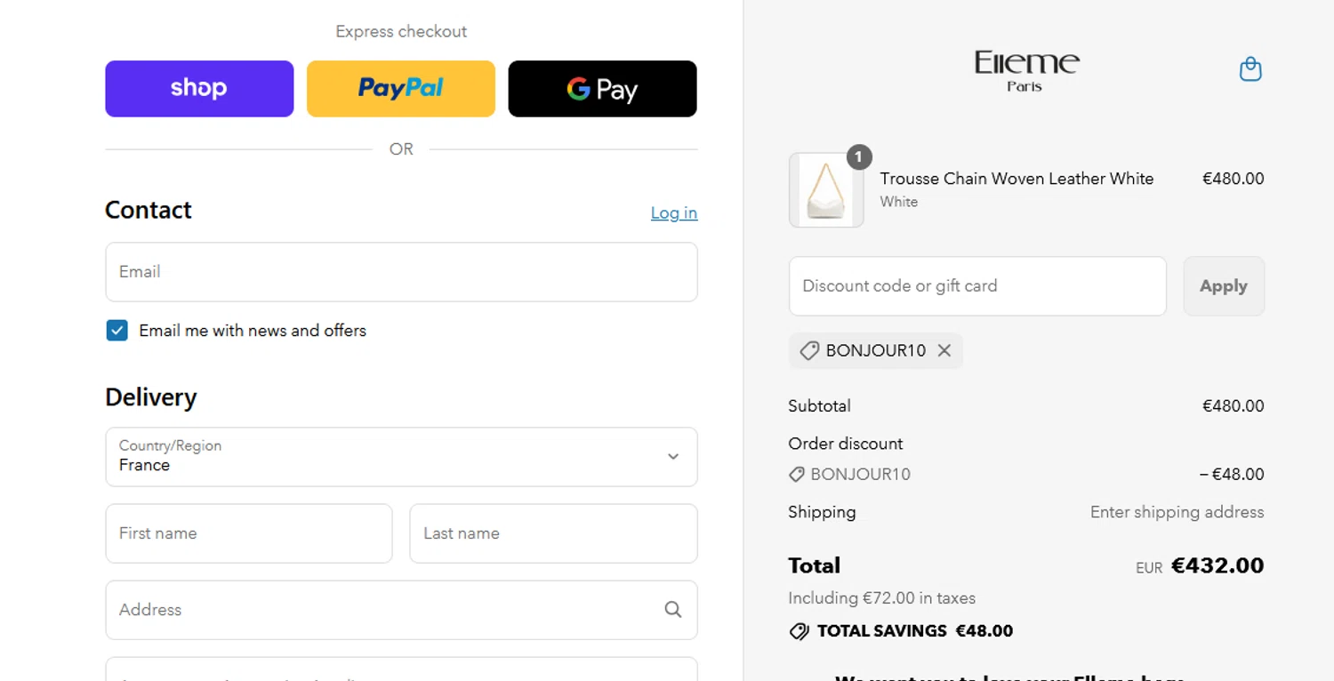 Elleme checkout page showing Elleme discount code box | Screenshot taken by SimplyCodes community member on Aug 11, 2025