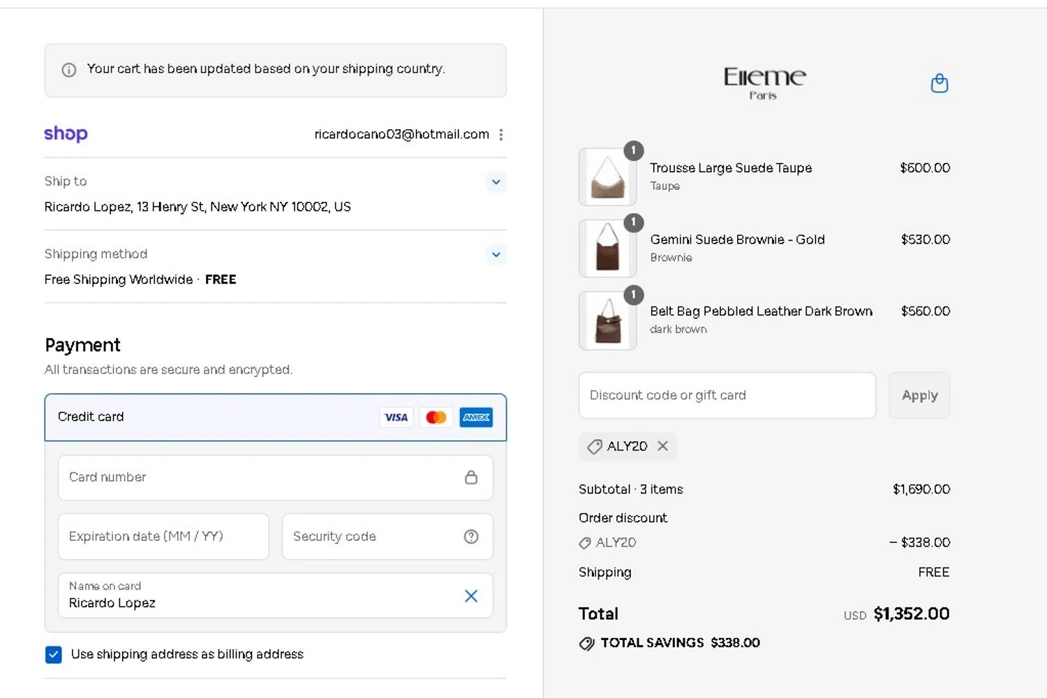 Elleme checkout page showing Elleme discount code box | Screenshot taken by SimplyCodes community member on Aug 31, 2025