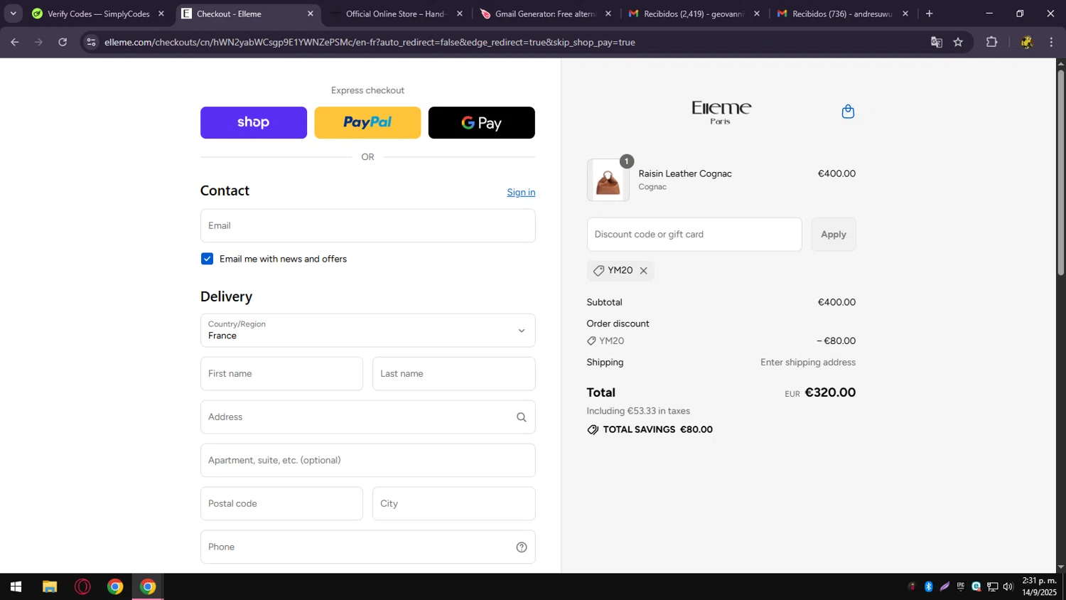 Elleme checkout page showing Elleme discount code box | Screenshot taken by SimplyCodes community member on Sep 14, 2025