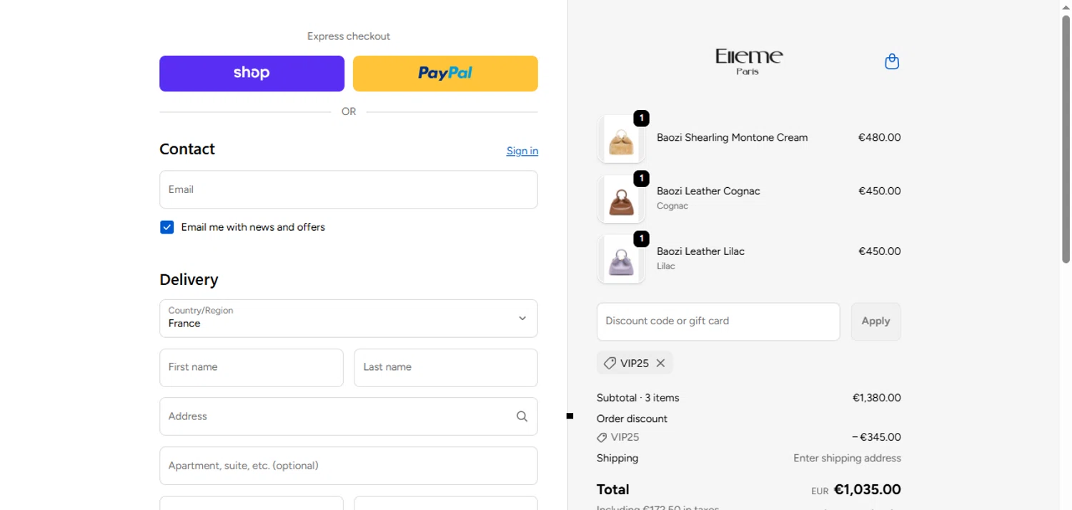 Elleme checkout page showing Elleme discount code box | Screenshot taken by SimplyCodes community member on Oct 31, 2025