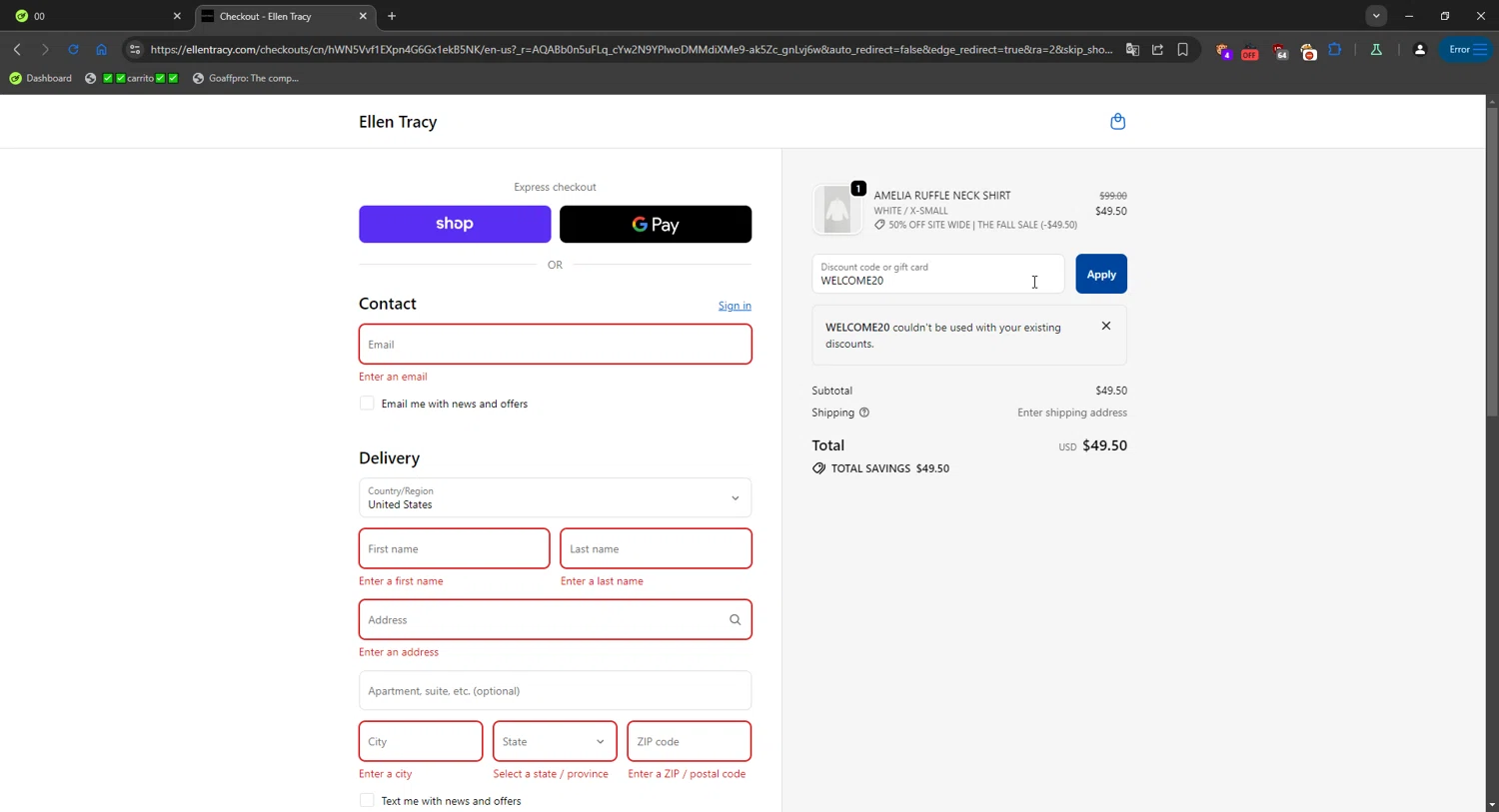 Ellen Tracy promo code screenshot showing code WELCOME20 applied at Ellen Tracy checkout page. Uploaded by SimplyCodes community member Mriko_Kien_lo_lea on Nov 20, 2025