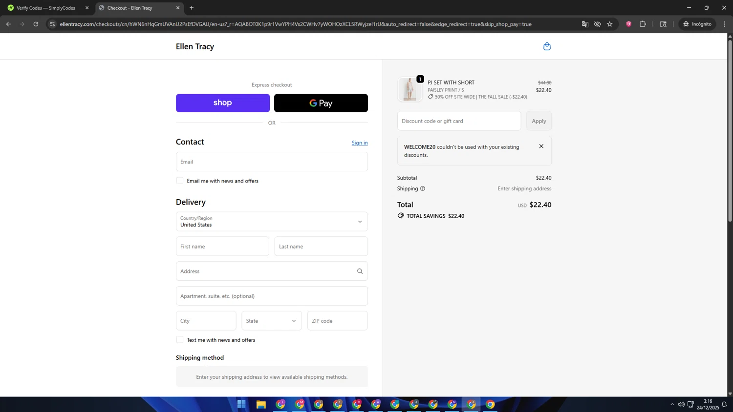 Ellen Tracy promo code screenshot showing code WELCOME20 applied at Ellen Tracy checkout page. Uploaded by SimplyCodes community member SwiftSage2309 on Dec 24, 2025
