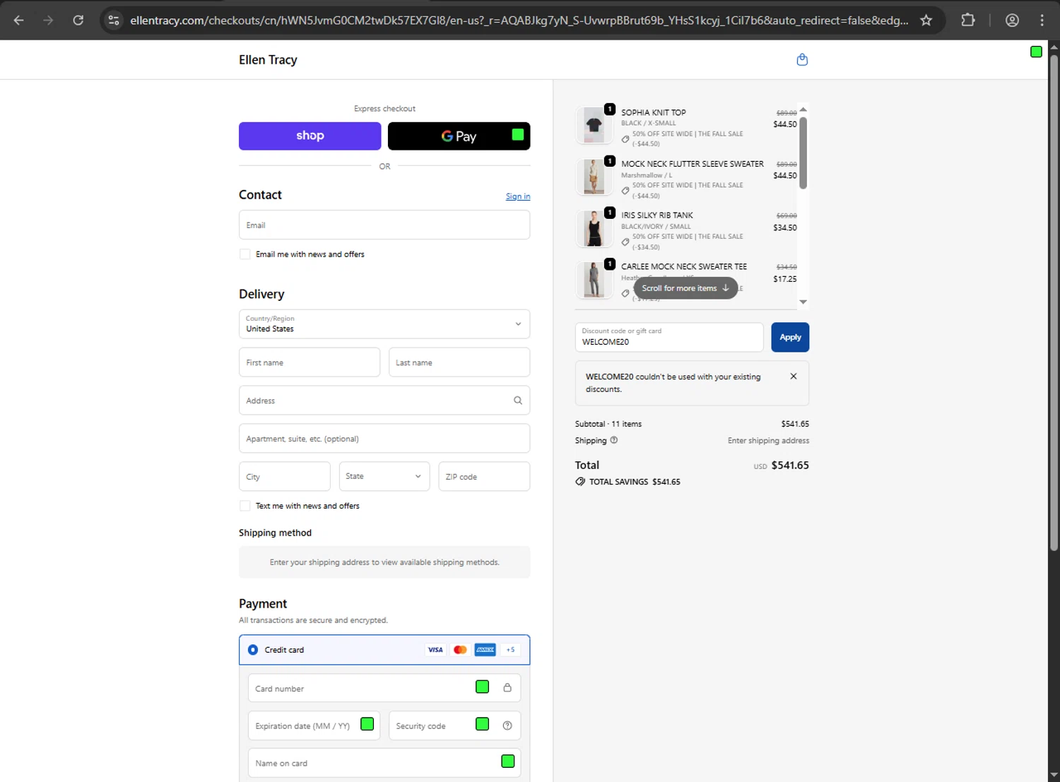 Ellen Tracy promo code screenshot showing code WELCOME20 applied at Ellen Tracy checkout page. Uploaded by SimplyCodes community member ValiantFox2134 on Nov 15, 2025