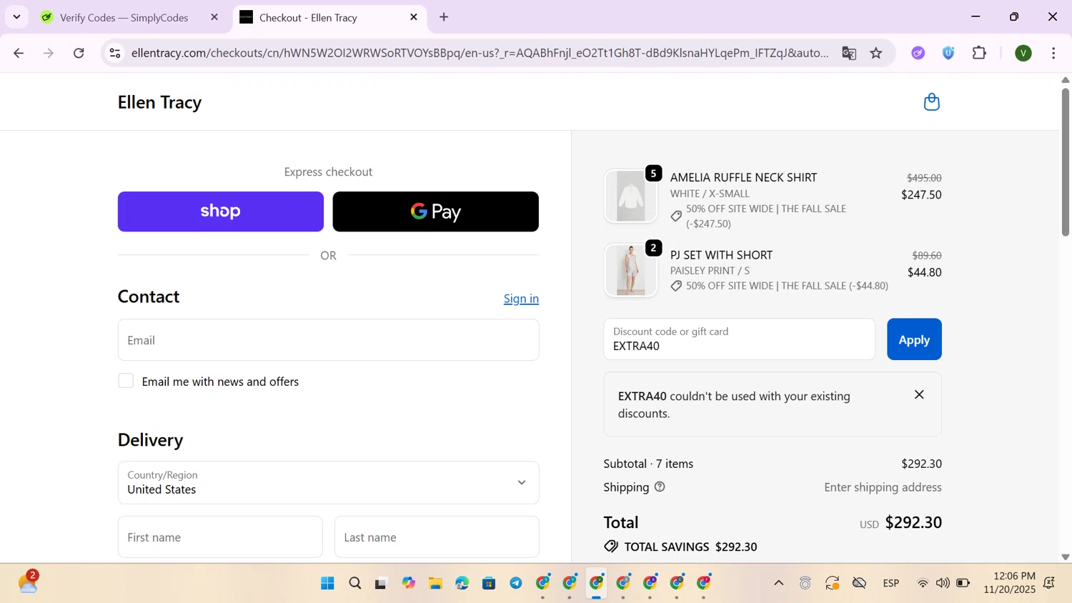 Ellen Tracy promo code screenshot showing code EXTRA40 applied at Ellen Tracy checkout page. Uploaded by SimplyCodes community member GloriousExpert4976 on Nov 20, 2025