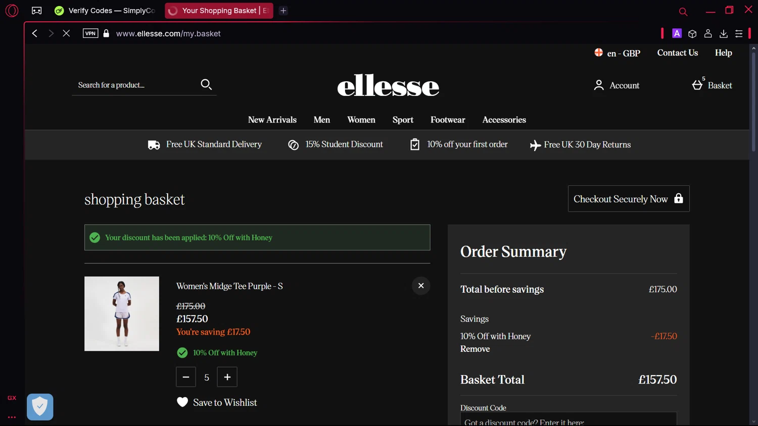 Ellesse promo code screenshot showing code HONEY10 applied at Ellesse checkout page. Uploaded by SimplyCodes community member lesliechaow on Mar 21, 2025