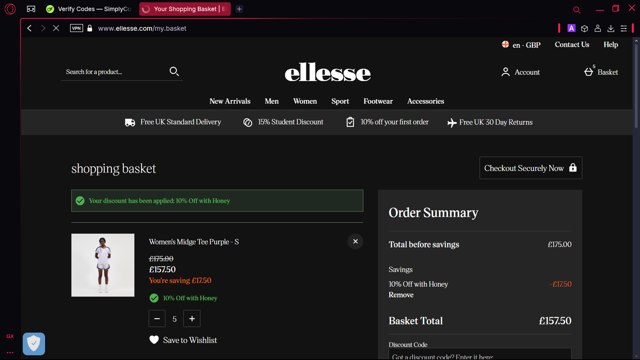Ellesse checkout page showing Ellesse promo code box | Screenshot taken by SimplyCodes community member on Mar 21, 2025