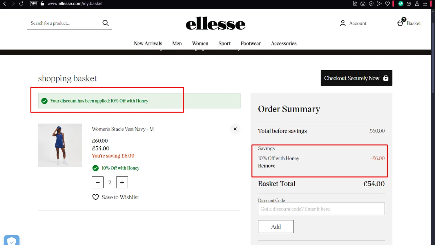 Ellesse promo code screenshot showing code HONEY10 applied at Ellesse checkout page. Uploaded by SimplyCodes community member user1998 on Mar 5, 2025