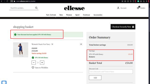 Ellesse checkout page showing Ellesse promo code box | Screenshot taken by SimplyCodes community member on Mar 5, 2025