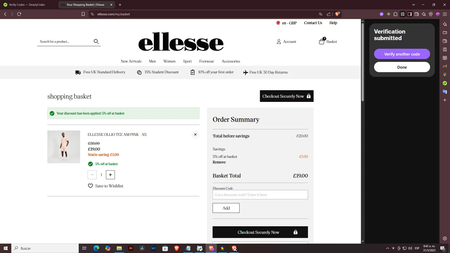 Ellesse promo code screenshot showing code five applied at Ellesse checkout page. Uploaded by SimplyCodes community member ArtPOPO on May 31, 2025