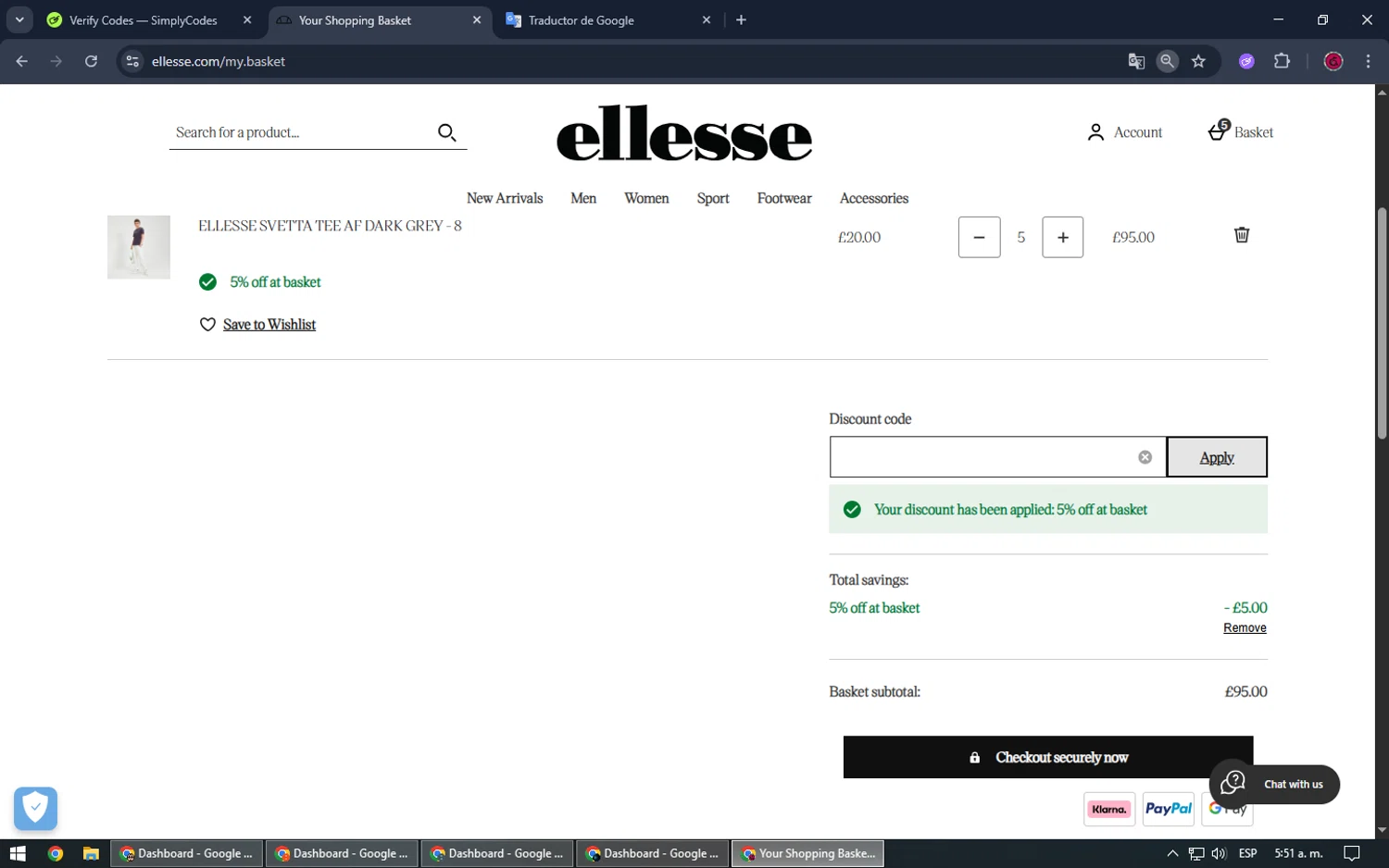 Ellesse promo code screenshot showing code five applied at Ellesse checkout page. Uploaded by SimplyCodes community member SrSolomon on Jun 30, 2025