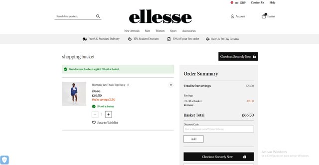 Ellesse checkout page showing Ellesse promo code box | Screenshot taken by SimplyCodes community member on May 2, 2025