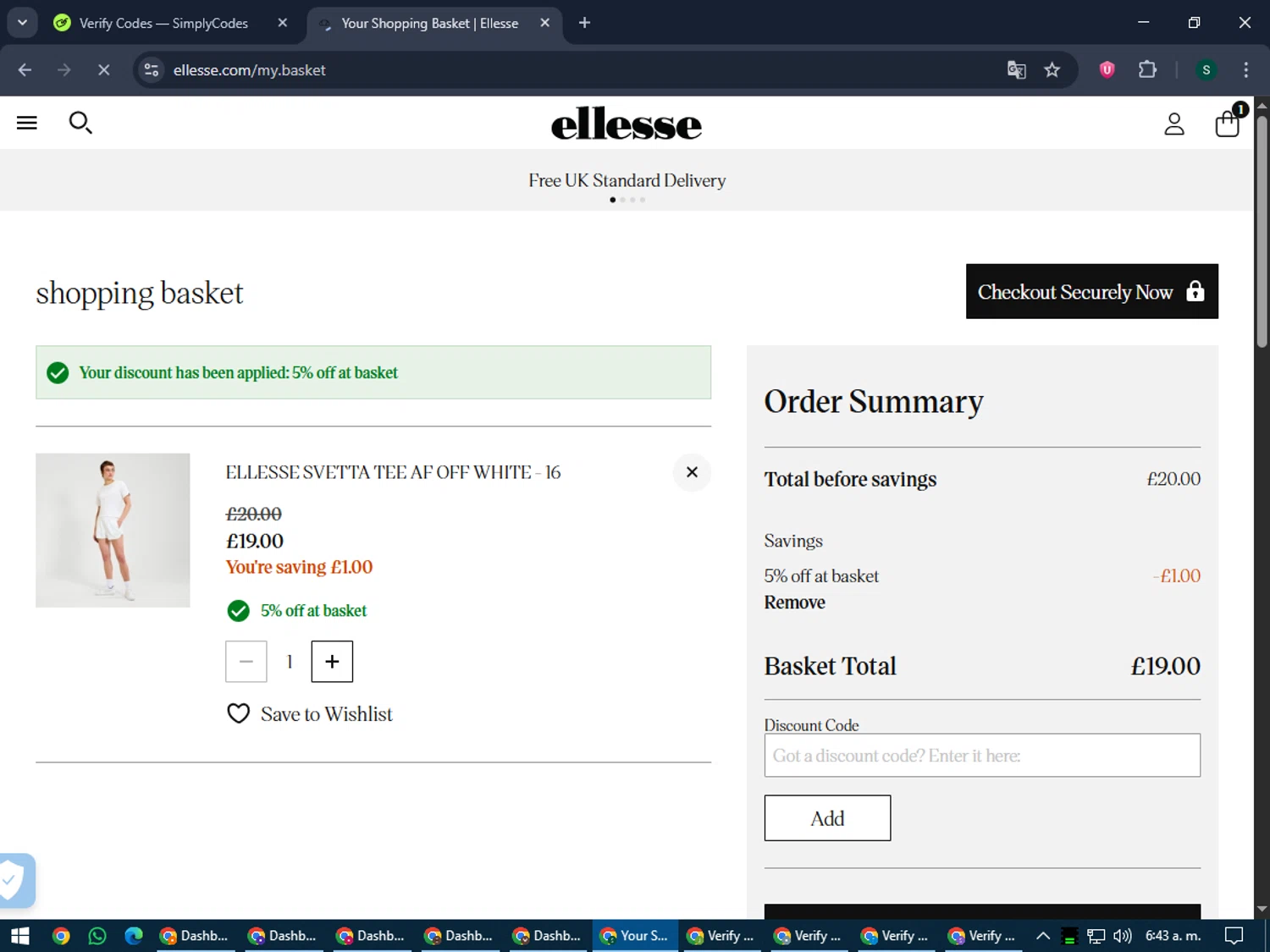 Ellesse promo code screenshot showing code five applied at Ellesse checkout page. Uploaded by SimplyCodes community member lilMosey on May 31, 2025