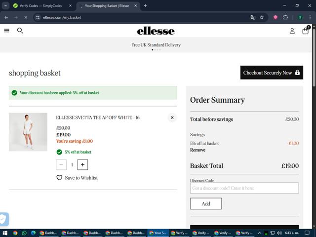 Ellesse checkout page showing Ellesse promo code box | Screenshot taken by SimplyCodes community member on May 31, 2025