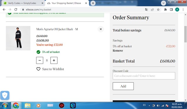 Ellesse checkout page showing Ellesse promo code box | Screenshot taken by SimplyCodes community member on Mar 5, 2025