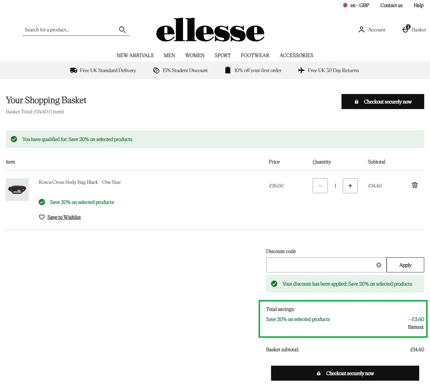 Ellesse promo code screenshot showing code ACC20 applied at Ellesse checkout page. Uploaded by SimplyCodes community member pablorobertocubaszan on May 28, 2025
