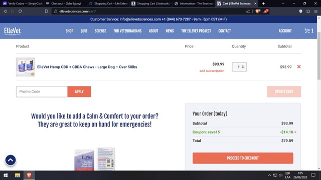 ElleVet Sciences checkout page showing ElleVet Sciences coupon code box | Screenshot taken by SimplyCodes community member on Aug 28, 2023