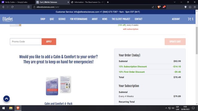 ElleVet Sciences checkout page showing ElleVet Sciences coupon code box | Screenshot taken by SimplyCodes community member on Aug 28, 2023