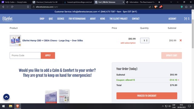 ElleVet Sciences checkout page showing ElleVet Sciences coupon code box | Screenshot taken by SimplyCodes community member on Aug 28, 2023