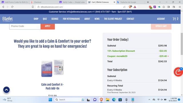 ElleVet Sciences checkout page showing ElleVet Sciences coupon code box | Screenshot taken by SimplyCodes community member on Aug 31, 2023