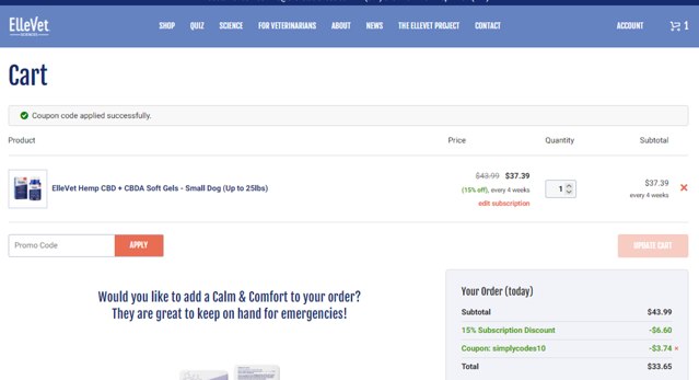 ElleVet Sciences checkout page showing ElleVet Sciences coupon code box | Screenshot taken by SimplyCodes community member on Oct 5, 2023