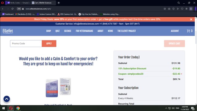 ElleVet Sciences checkout page showing ElleVet Sciences coupon code box | Screenshot taken by SimplyCodes community member on Nov 24, 2023