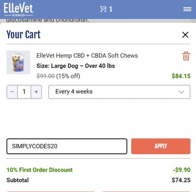 ElleVet Sciences checkout page showing ElleVet Sciences coupon code box | Screenshot taken by SimplyCodes community member on Oct 26, 2024