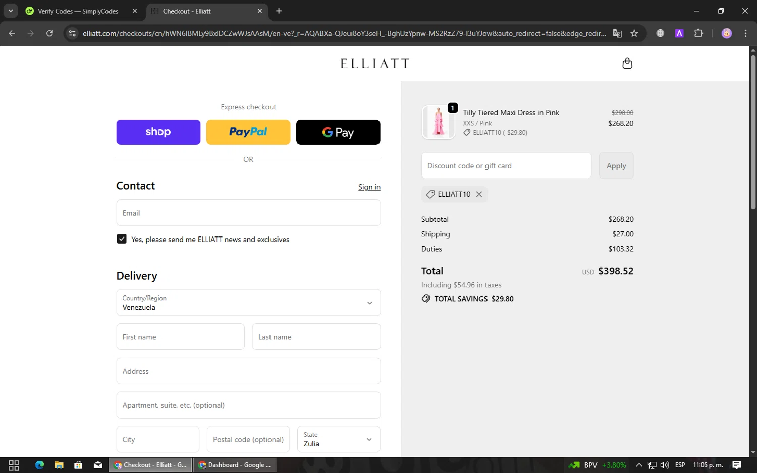 ELLIATT US promo code screenshot showing code ELLIATT10 applied at ELLIATT US checkout page. Uploaded by SimplyCodes community member Elvistrofia on Dec 11, 2025