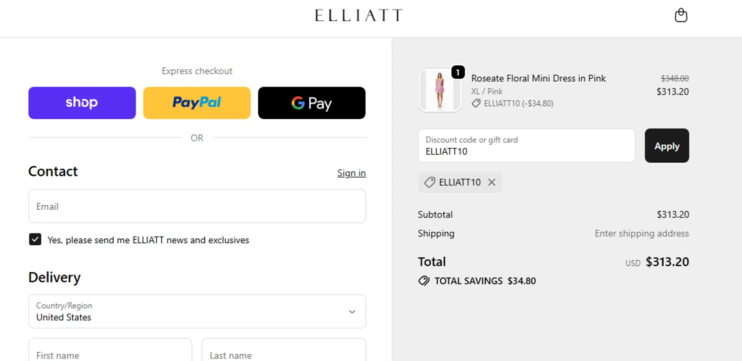ELLIATT US promo code screenshot showing code ELLIATT10 applied at ELLIATT US checkout page. Uploaded by SimplyCodes community member Jhonny on Oct 18, 2025