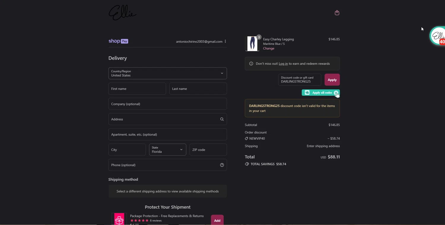 Ellie promo code screenshot showing code DARLINGSTRONG25 applied at Ellie checkout page. Uploaded by SimplyCodes community member johnnybravo on Aug 20, 2025