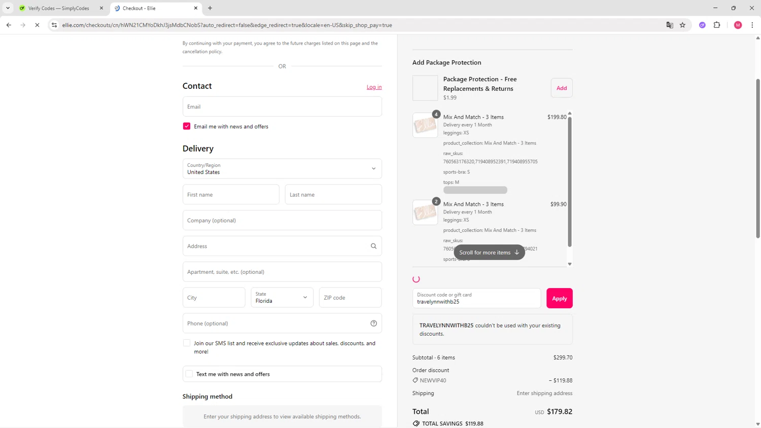 Ellie promo code screenshot showing code travelynnwithb25 applied at Ellie checkout page. Uploaded by SimplyCodes community member CBR600 on Aug 20, 2025