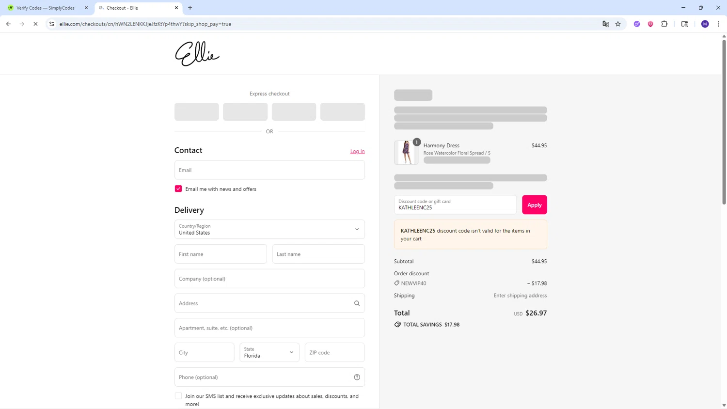 Ellie promo code screenshot showing code KATHLEENC25 applied at Ellie checkout page. Uploaded by SimplyCodes community member CRF250CC on Aug 29, 2025