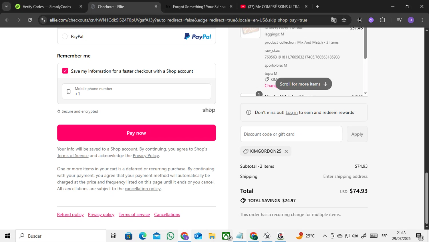 Ellie promo code screenshot showing code KIMGORDON25 applied at Ellie checkout page. Uploaded by SimplyCodes community member ENCARAMESSI on Jul 30, 2025