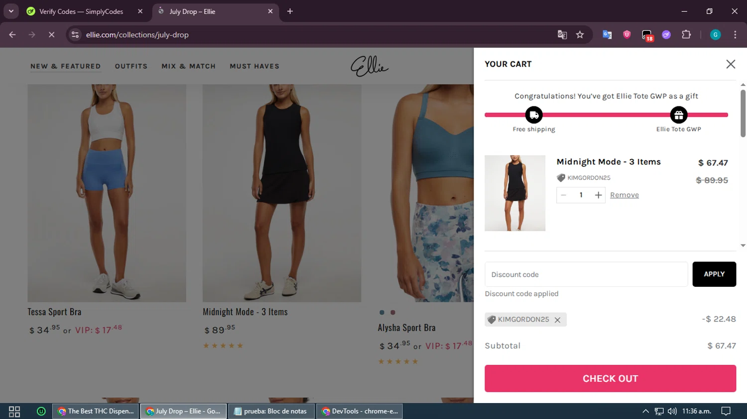 Ellie promo code screenshot showing code KIMGORDON25 applied at Ellie checkout page. Uploaded by SimplyCodes community member PromoMonarch5278 on Jul 18, 2025
