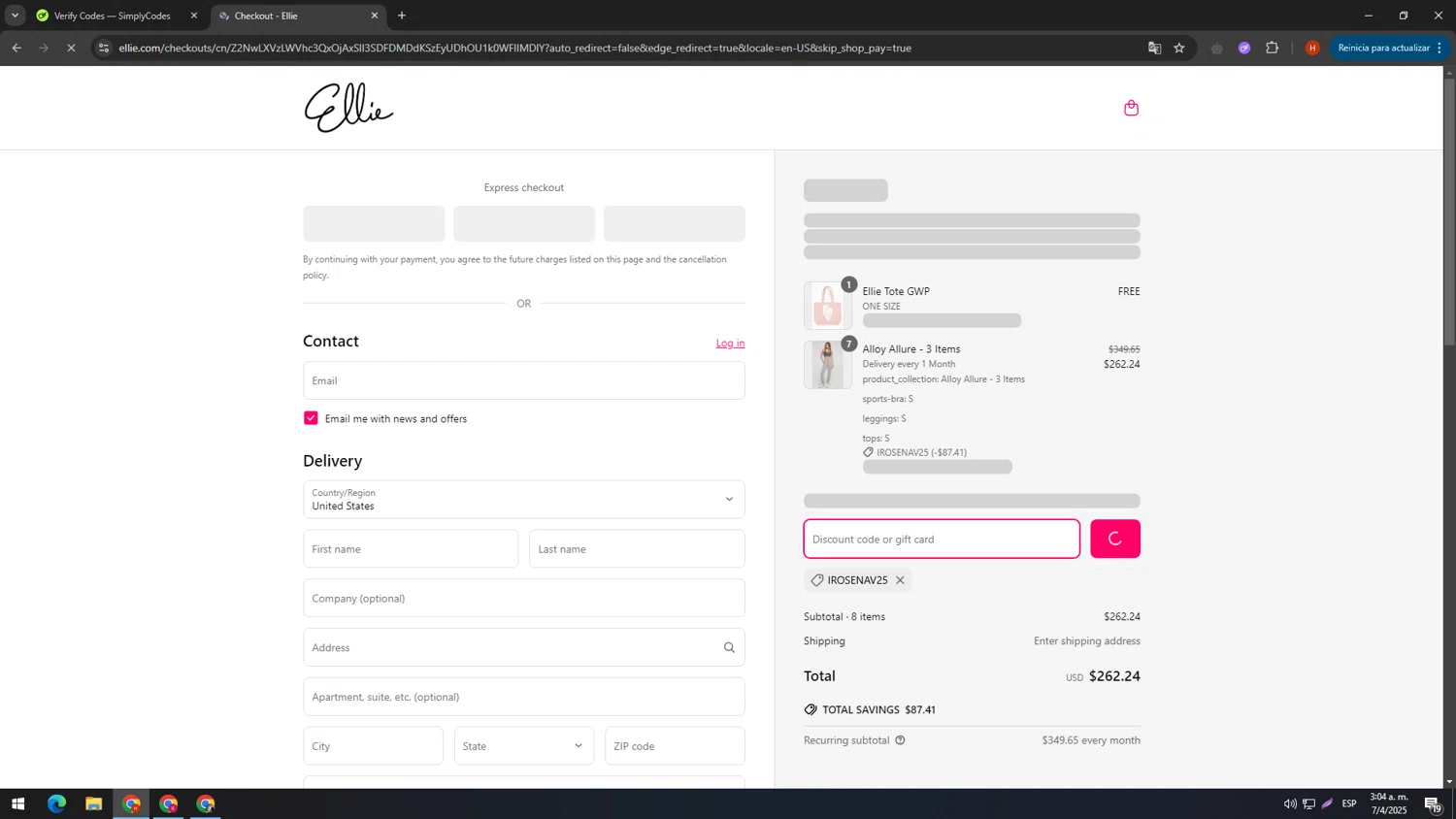 Ellie promo code screenshot showing code irosenav25 applied at Ellie checkout page. Uploaded by SimplyCodes community member SIMPLYCODESSS on Apr 7, 2025