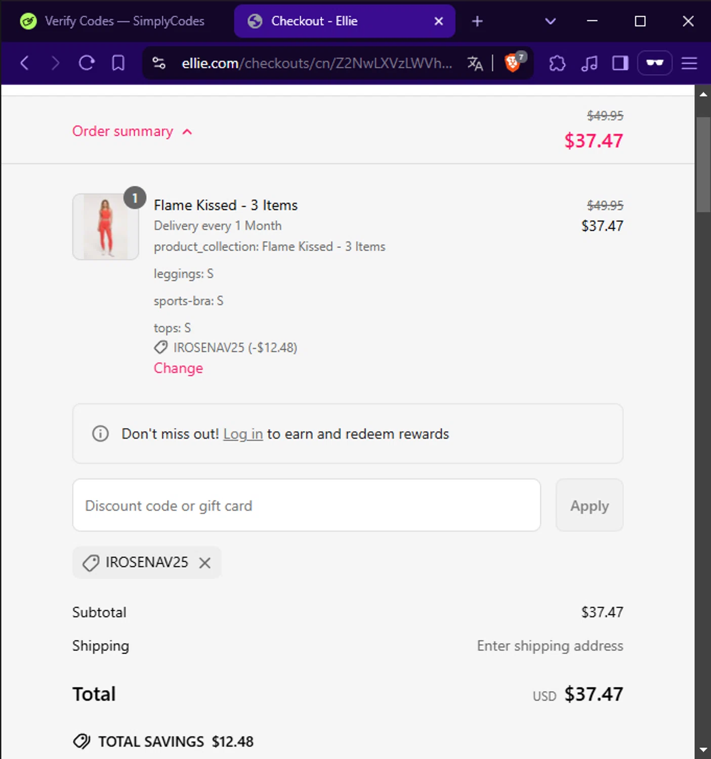 Ellie promo code screenshot showing code irosenav25 applied at Ellie checkout page. Uploaded by SimplyCodes community member Benson on Mar 19, 2025