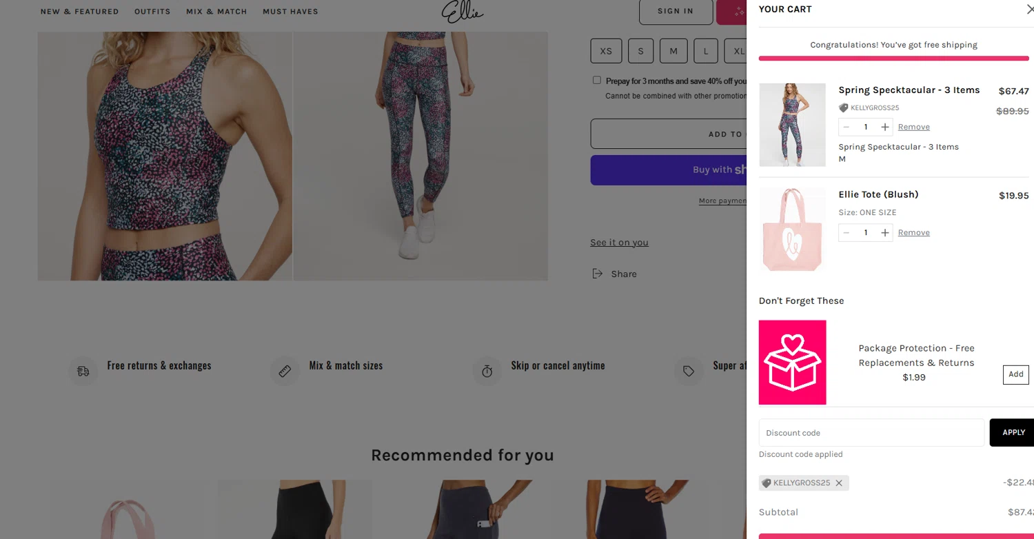 Ellie promo code screenshot showing code KELLYGROSS25 applied at Ellie checkout page. Uploaded by SimplyCodes community member D_9278 on Mar 7, 2025