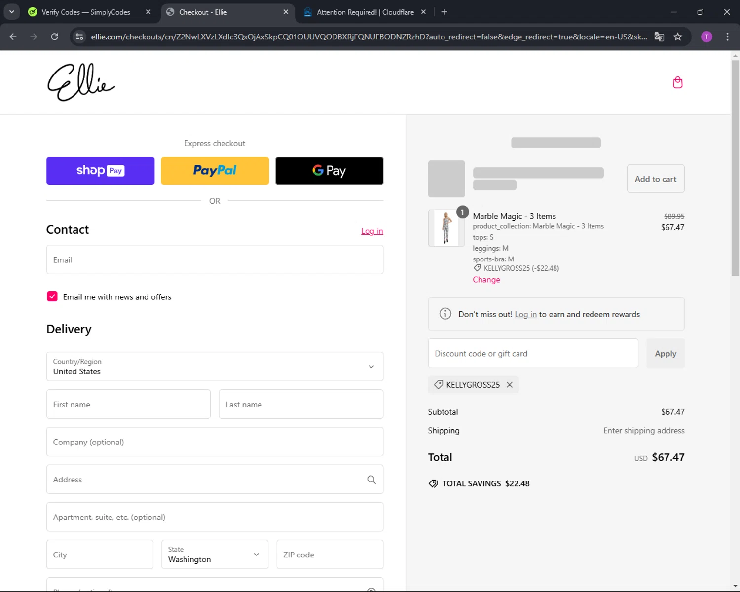 Ellie promo code screenshot showing code KELLYGROSS25 applied at Ellie checkout page. Uploaded by SimplyCodes community member CleverFinder9623 on Jan 24, 2025