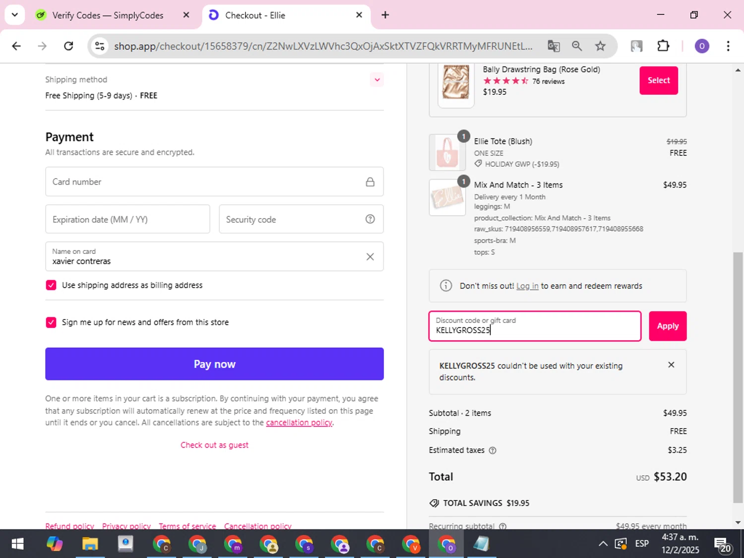 Ellie promo code screenshot showing code KELLYGROSS25 applied at Ellie checkout page. Uploaded by SimplyCodes community member CleverLynx8245 on Feb 12, 2025
