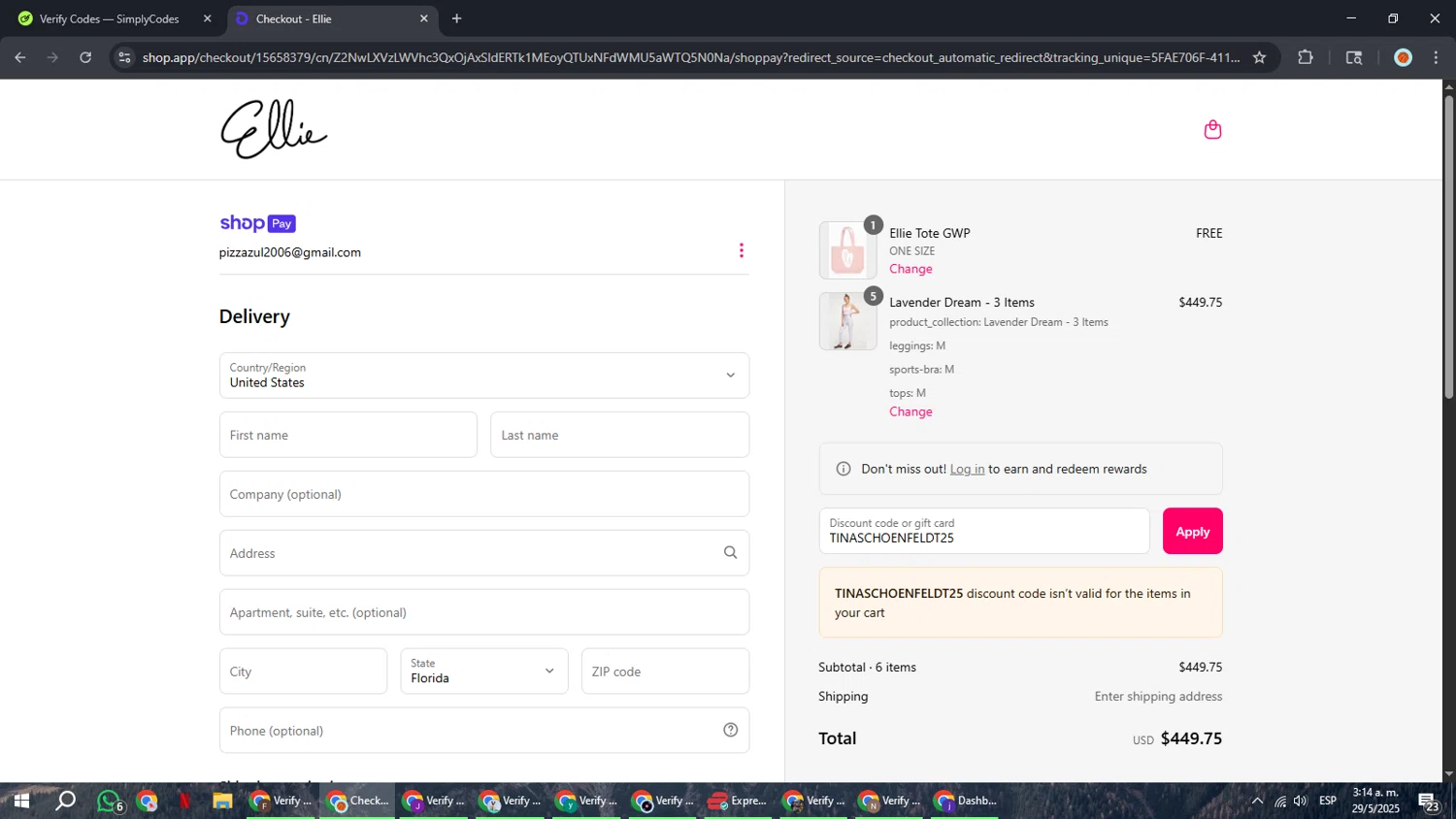 Ellie promo code screenshot showing code TINASCHOENFELDT25 applied at Ellie checkout page. Uploaded by SimplyCodes community member BonusCaptain9927 on May 29, 2025